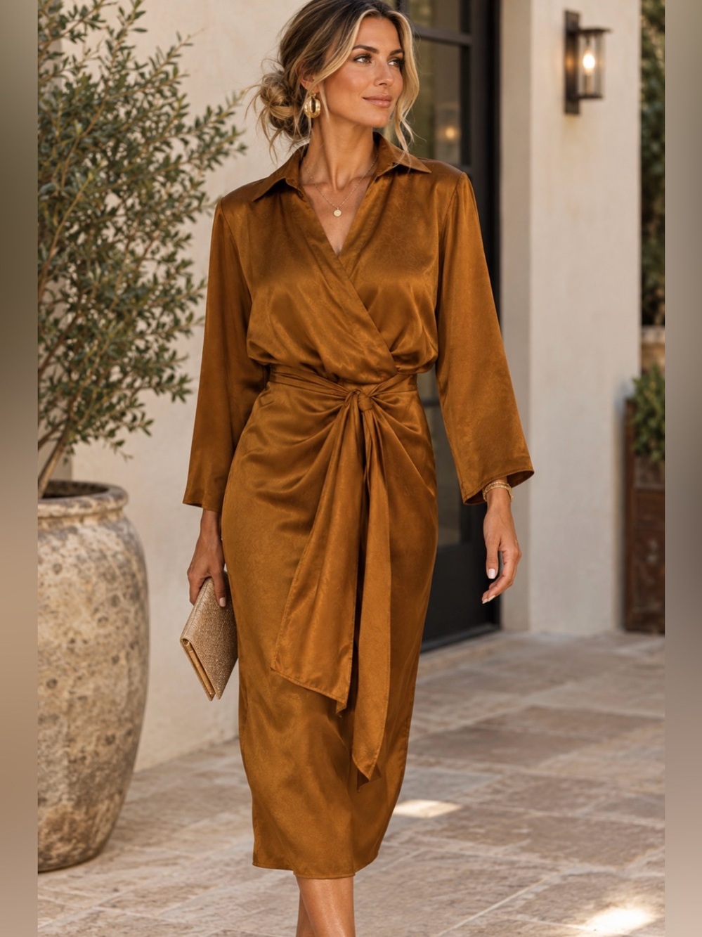 **NWT** Baltic Born Satin Wrap Midi Dress in Caramel Brown